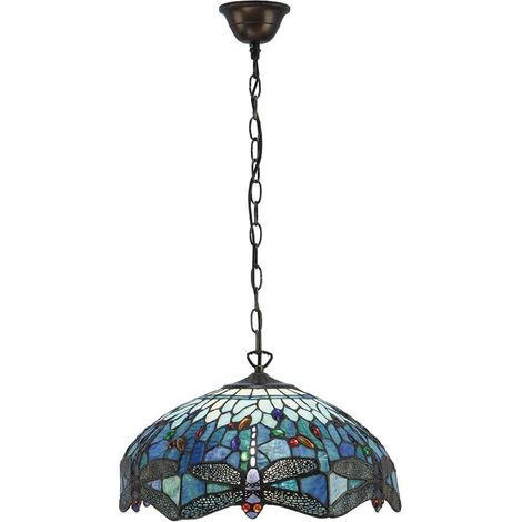 Interiors Dragonfly Blue - Luminaire suspendu moyen à 3 ampoules, bronze, bleu, verre tiffany libellule, E27 (1/4)