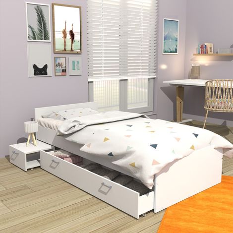Le Quai Des Affaires – Lit avec tiroirs 90x190 – Structure en panneau de particules blanc – Dimensions chevet L40xP39xH21 cm – Tiroir L150xP39xH21 cm (1/6)
