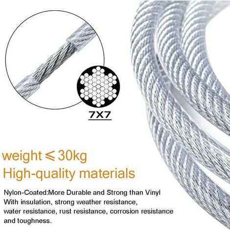 Edelstahlseil-Set, 30 m langes, 2 mm starkes, ummanteltes Stahlseil + Schrauböse + Edelstahlseilspanner + Schraube, PVC-beschichtetes Stahlseil zur Wäscheleinenaufhängung für Gardinen, einbruchsichere (1/5)