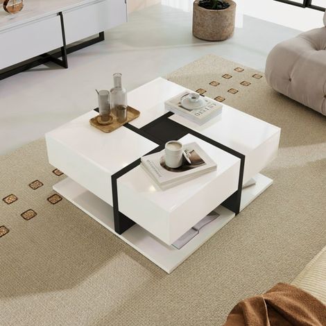 Table Basse Brillante 78x78cm avec 4 Tiroirs - Design Moderne pour Salon (1/5)