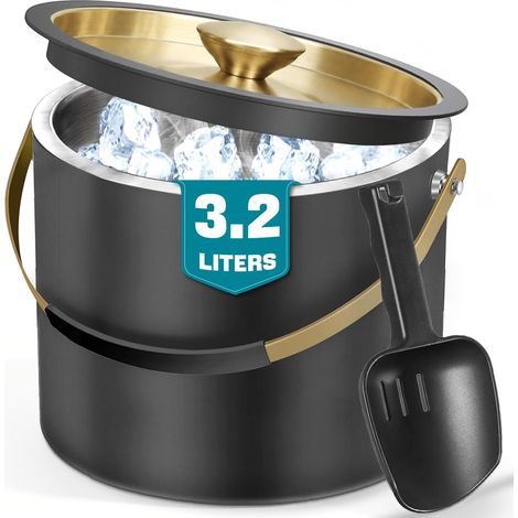 Seau a glacon en acier inoxydable de 3,2 litres avec couvercle et pelle, seau a glacon isotherme double paroi pour les bars à cocktails et les fêtes (Noir) (1/5)