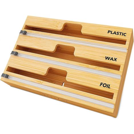 Organisateur de film alimentaire 3 en 1 SpaceAid WrapNeat, distributeur bambou avec coupe-film et étiquettes pour film, alu, cire cuisine (1/5)