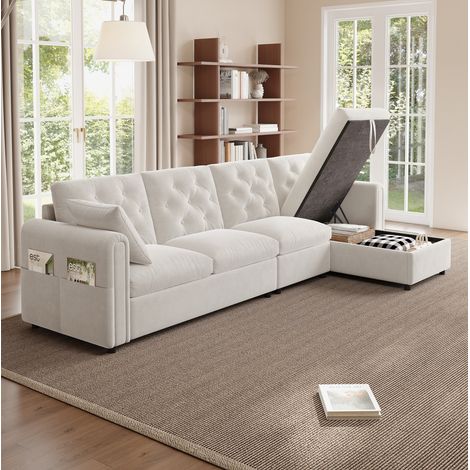 Divano angolare in velluto beige con contenitore e chaise reversibile OKWISH (1/5)