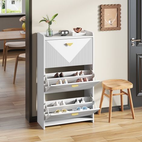 Schuhschrank mit 3 Klapptüren und 6 Fächern, Weiß, 70x30x120 cm