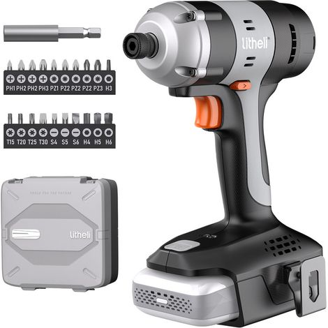 Schlagbohrschrauber, 1/4" Sechskantschaft, Akku Schrauber mit 20V 2.0 Ah Akku, 180Nm, 3000IPM, einschließlich LED, Gürtelclip und 21 Zubehörteilen Litheli (1/5)