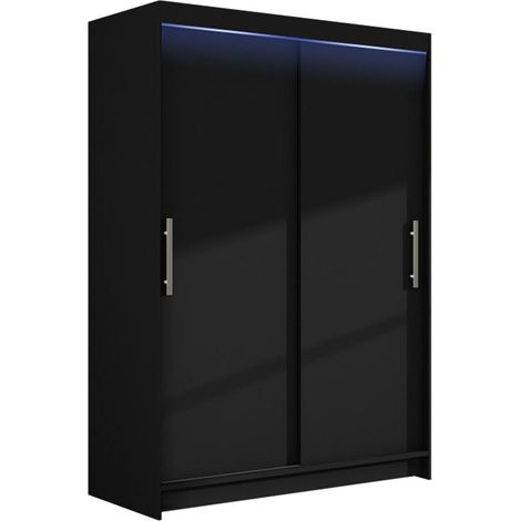 Mirjan24 – Armoire coulissante noire 200x120x58cm – 2 portes – 5 étagères – Éclairage LED intégré – Stratifié durable