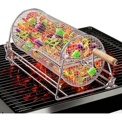 2-en-1 Panier à Barbecue Roulant Rotatif, Inoxydable 304 avec Poignées Détachables Doubles Manivelle et Droite, Accessoires BBQ pour Légumes Crevettes (1/5)