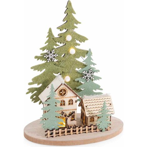 Tronco il legno con paesaggio decorativo natalizio in panno con casette, albero e luci LED, set da 2 pezzi, cm 18 x 11 x 22 H