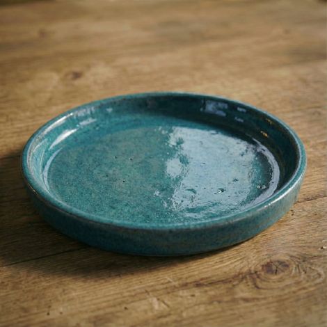 Soucoupe 34cm bleu pétrole faite à la main en terre cuite émaillée (1/4)