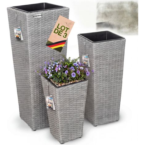 Set de 3 pots de fleurs bac à fleurs polyrotin pot intérieur amovible 3 couleurs résistant aux intempéries et UV design élégant intérieur et extérieur Gris (1/7)