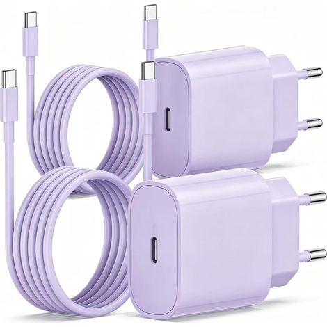 2Pack Chargeur iPhone 17 16 15, 20W USB C Chargeur Rapide 2M Cable C to C pour iPhone 17 Pro/16 Pro Max/15 Pro Max/15 Plus/iPad 12.9/11 inch, Air 5 4, Samsung Gaxy,Adaptateur Secteur-Violet (1/5)