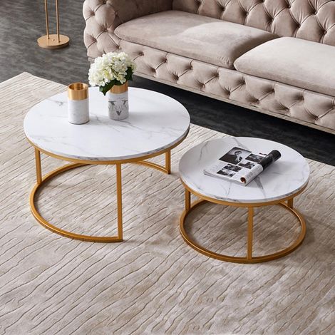 Couchtisch 2er Set 80/60 cm, rund, Tischplatte aus Holz mit Marmor-Effekt aus PVC und Metallbeinen, industrielles Design - Gelb
