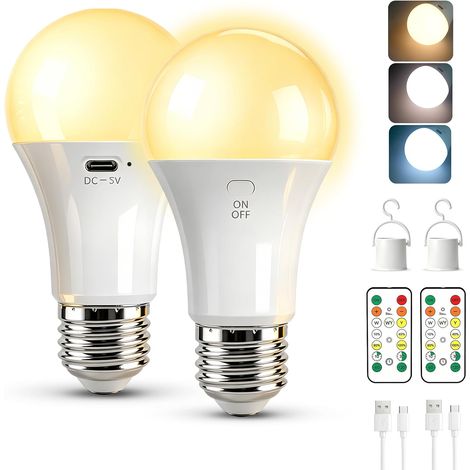 Ampoule Rechargeable avec Telecommande, 7W 3 Couleur Dimmable & Fonction de Timing, E27 Extérieur Camping Ampoule de Secours, USB Ampoule sur Batterie Camping, Lot de 2 (1/5)