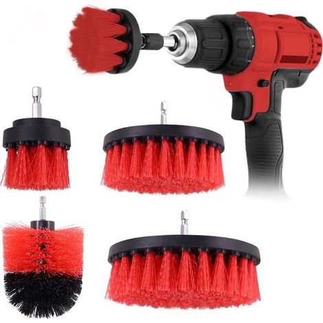 Brosses de nettoyage rotatives pour perceuse électrique, lot de 4, 5/8/10/12,7 cm, pour la cuisine et la voiture, brosses de nettoyage rouges (1/4)