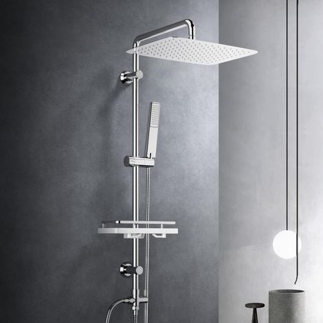 Colonne de douche sans robinetterie, acier inoxydable système de douche avec barre de douche réglable hauteur, pommeau pluie 35x25 cm et étagère, Chromée (1/5)