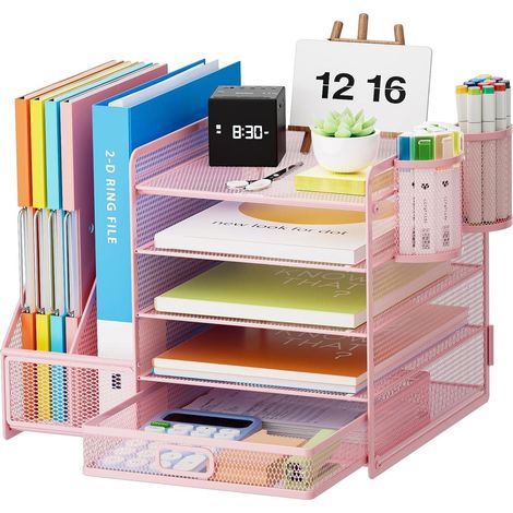 Organisateur de Bureau avec Porte-Documents,5-Niveaux Porte-Lettres Rangement Maille,pour Fournitures de Bureau Domicile(Rose avec Tiroir Porte-Stylos) (1/5)