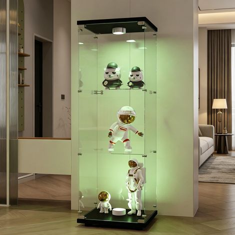 Vitrine en verre trempé triple couche avec éclairage LED noir - Portes verrouillables - Armoire de rangement verticale anti-poussière - Design moderne (1/4)