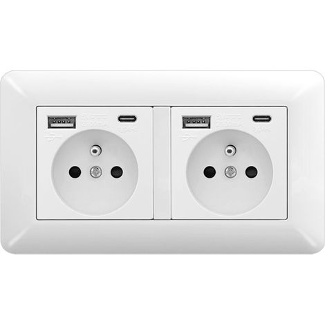 Double Prise Murale Type 146 Française USB-A + USB-C  16A 220-250V Verre Blanc  Maison & Bureau