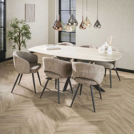 Table repas 215 cm effet travertin + 6 chaises en tissu texturé sable