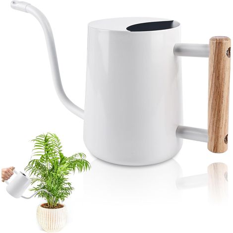 Arrosoir pour plantes d'intérieur, 1 l, en acier inoxydable, avec long bec et poignée en bois stable, arrosoir vintage pour plantes succulentes, balcon, bureau, salon (1/5)