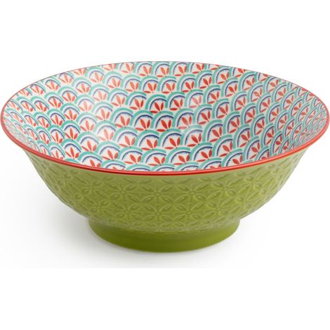 Mikasa green and blue geometric stoneware ramen bowl, patterned 1l japanese noodle bowl for dining, multi-purpose deep serving dish, 21cm