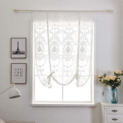 Voilage blanc 80x140cm, semi-transparent, polyester, broderie florale, 1 pièce, longueur ajustable, rideau court décoratif pour petits espaces. (1/5)