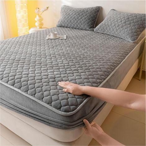 Housse de Matelas Matelassée Épaissie avec 2 Taies d'Oreiller,Draps Élastiques Tout Compris,Protège-Matelas Décoratif pour Chambre à Coucher,Gris,150x200 cm (1/5)