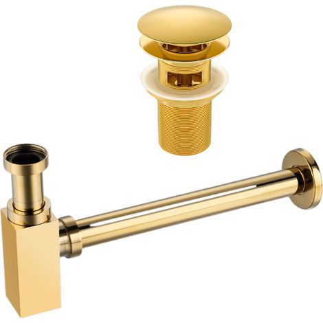 BALNEO - ensemble bonde de lavabo Klik Klak A avec trop-plein dorée + siphon carré doré en laiton - kit pour lavabo (1/5)