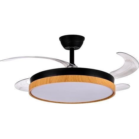 Ventilateur de plafond avec lumière et 4 pales rétractables en noir et bois 53 x 106 x 106 cm (1/5)