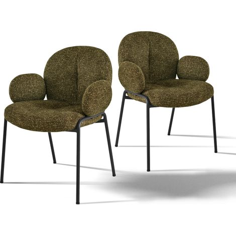 Goeurvant Sillas de comedor modernas con reposabrazos circulares y asiento tapizado, combinación de confort y elegancia - Juego de 2 - Verde oliva - Bouclé (1/5)