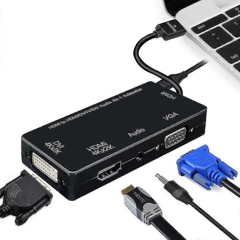 Câble adaptateur mini 3-en-1 HDMI vers VGA, DVI, HDMI et audio 3,5 mm, adapté aux connexions HDMI aux ordinateurs portables, ordinateurs de bureau et autres appareils. (1/3)