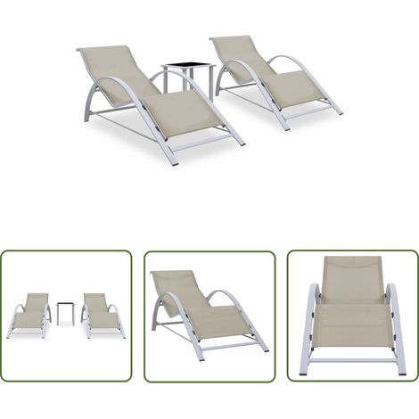 Lot de 2 transats chaise longue bain de soleil lit de jardin terrasse meuble d'extérieur avec table aluminium crème (1/5)