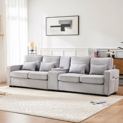 Divano 4 posti 290x83x88 cm grigio in lino con console, portabicchieri, USB e cuscini (1/5)