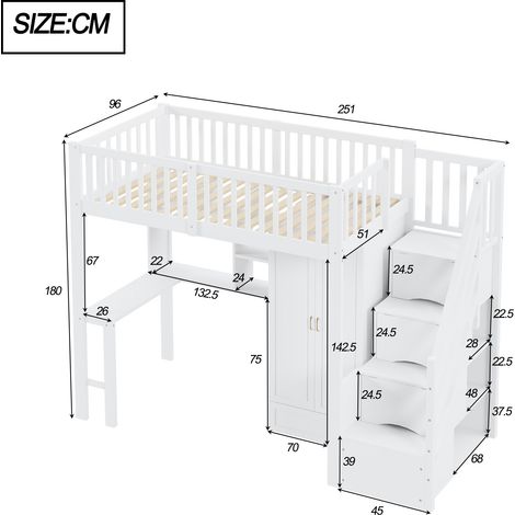 Lit surélevé gain de place avec lit, armoire, bureau et rangement intégré, escalier sécurisé à tiroirs, bois massif, pour enfant, ado et adulte. (1/5)