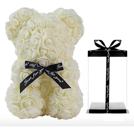Ours en fleurs de roses blanches, Teddy rose romantique avec coffret cadeau, nounours floral pour Saint-Valentin, fête des mères, mariage, anniversaire, petite amie, mariée (Blanc)