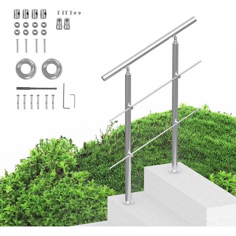 Rambarde en acier inoxydable pour escalier extérieur, kit de rampe à 2 traverses de 80 cm, idéale pour seniors et terrasses. (1/5)