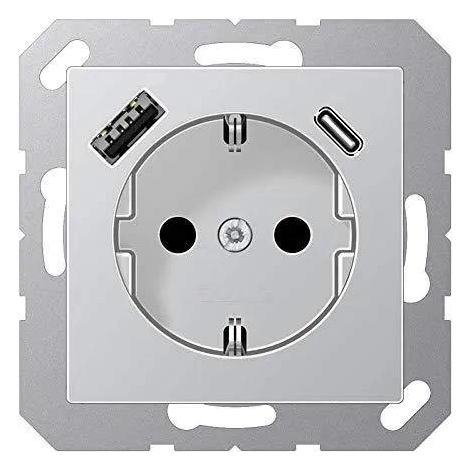 Jung Presa SCHUKO®, 16 A 250 V , con caricabatterie USB, 1 x tipo A + 1 x tipo C, SAFETY+, serie A, aluminium A 1520-15 CA AL