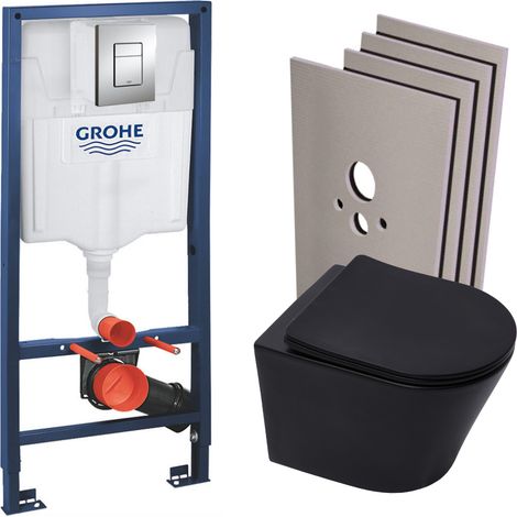 Grohe Rapid SL WC-Rahmenpaket + mattschwarze SAT-Infinitio-Schüssel + Fallbremssitz + Chromplatte + Verkleidungsset (1/5)