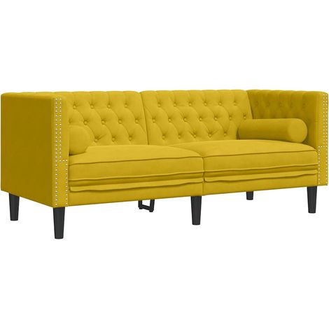 Canapé Sofa Chesterfield avec traversins 2 places jaune velours (1/5)