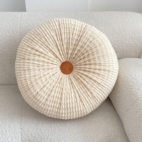 Coussin décoratif rond en forme de citrouille plissée, couleur unie, pour chaise, canapé, fauteuil, bureau, sol (beige). (1/5)