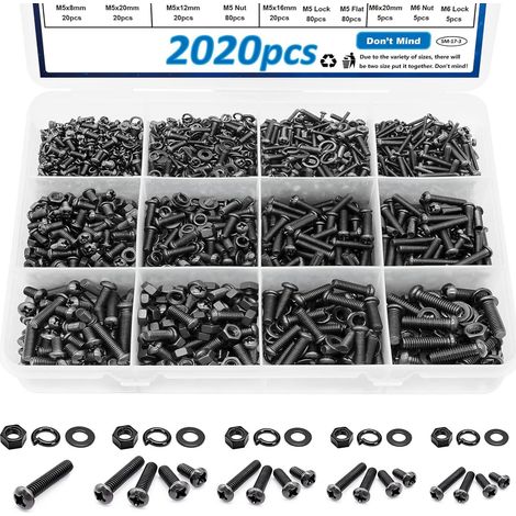 2020pcs Assortiment Vis à Métaux Tête Cylindrique Bombée Cruciforme Noire Classe 4.8 – Kit M3 M4 (6-10mm) + Écrous HU Nylstop + Rondelles Plates Grower – Acier Zingué Noir – Boîte Électronique DIY (1/5)