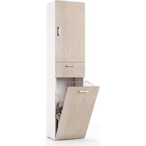 Columna Polivalente De Roble Con Cesta Para La Ropa Sucia Que Ahorra Espacio (1/2)