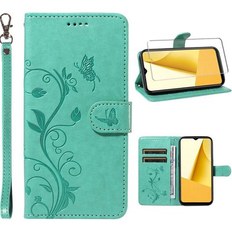 Verre trempé+Housse pour Samsung Galaxy A16 5G 6.7\", Coque Etui Protection en Cuir PU,Fermeture Magnétique (Arbre à fleurs vert) (1/5)