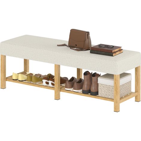 Banc à chaussures en bois massif 140 cm, banc d'entrée moderne avec assise rembourrée pour deux personnes, teinte bois naturel et blanc crème
