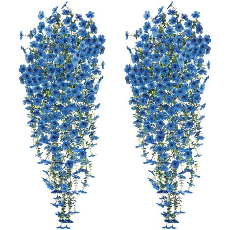 4 PCS Fleurs Artificielles Suspendues 77cm Fleur Artificielle Tombante Suspendue Fausse Plante Balcon aux UV Fleur Artificielle Exterieur pour Extérieur Jardin Patio Fête Mariage (Bleu)
