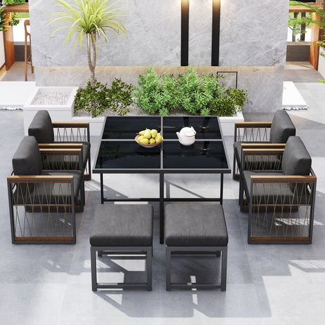 Ensemble de salle à manger d'extérieur 7 pièces (table et chaises), pour 6 personnes, table en verre trempé, rampes en plastique et en bois, noir (1/5)