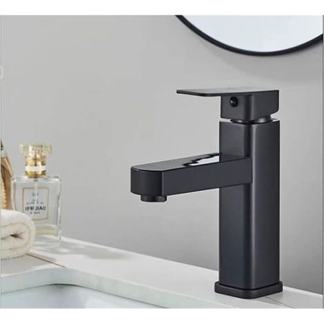 TAISHENGDA – Schwarze, quadratische, flache Waschtischarmatur mit 60 cm langem Zulaufschlauch, Mischbatterie für Warm- und Kaltwasser mit breitem Auslauf, europäisches Design (1/5)