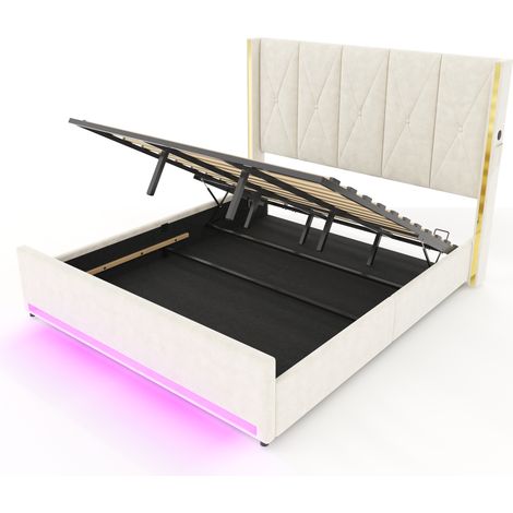 Cama arcón de terciopelo beige 180x200 cm con cabecero alto, LED, USB-C y almacenaje HOMVRA (1/5)