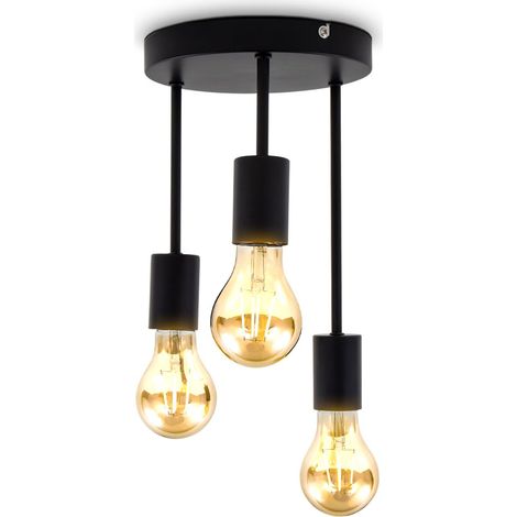 B.K.Licht I Plafonnier rétro 3 douilles E27 I noir mat I métal I Ø19 x 31 cm I livré sans ampoules