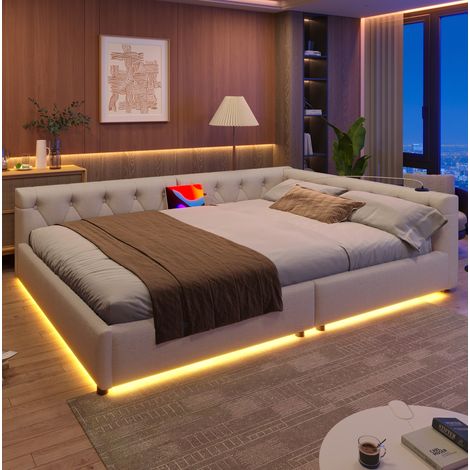 Lit adulte 140x200 avec LED USB-C lin beige HAVRYA (1/5)
